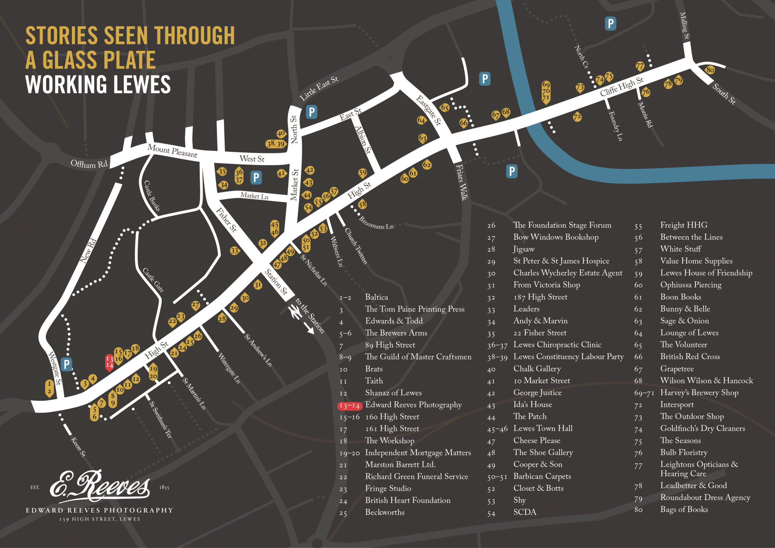Exhibition Map for "Stories Seen Through A Glass Plate: Working Lewes" showing lightbox locations around lewes. Includes list of lightbox hosts.