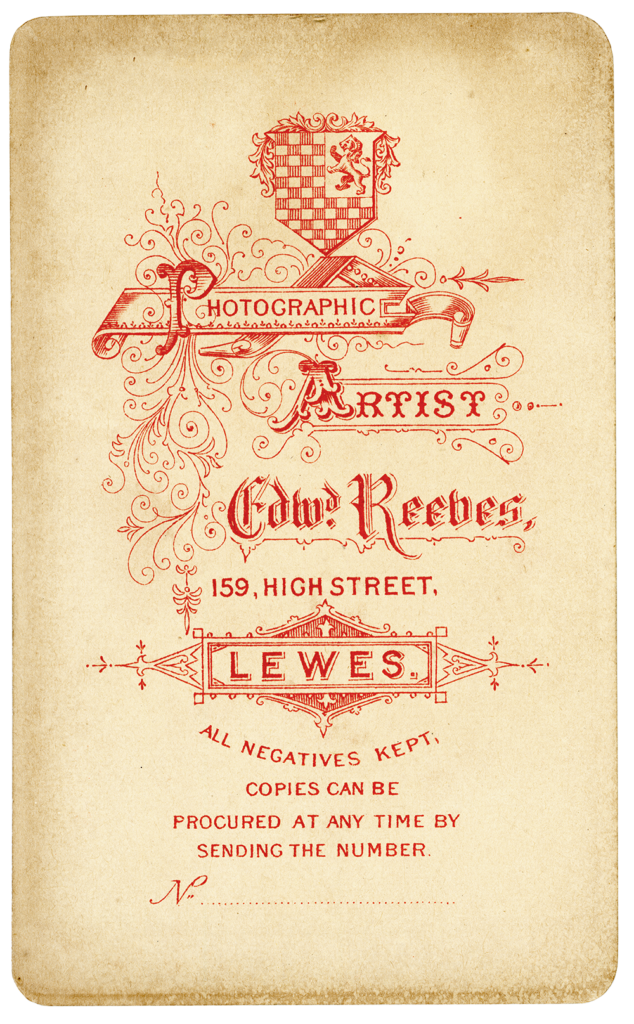 Back of Edward Reeves Photography Carte de Visite, showing the studio name and address and proclaiming "ALL NEGATIVES KEPT, COPIES CAN BE PROCURED AT ANY TIME"